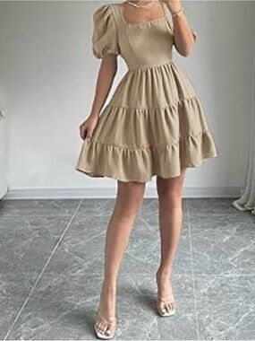 Tiered Puff Sleeve Summer Dress in Beige